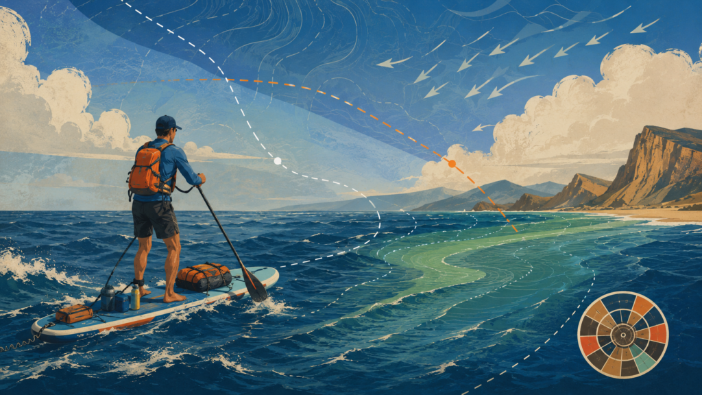 Paddleur en mer avec routes météo, houle, vent et équipement de sécurité.